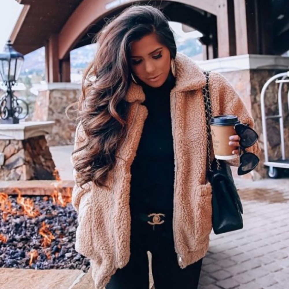 Oversized teddy bear plush jacket camel faux fur women long sleeve